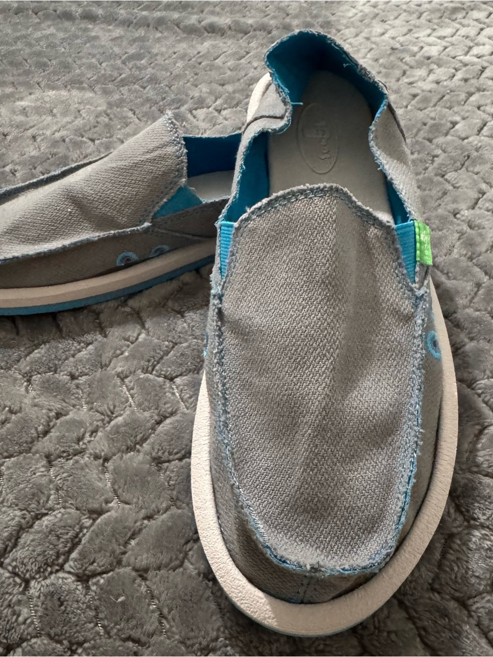 Sanuk Grey Canvas Slip-On Loafers with Blue Trim